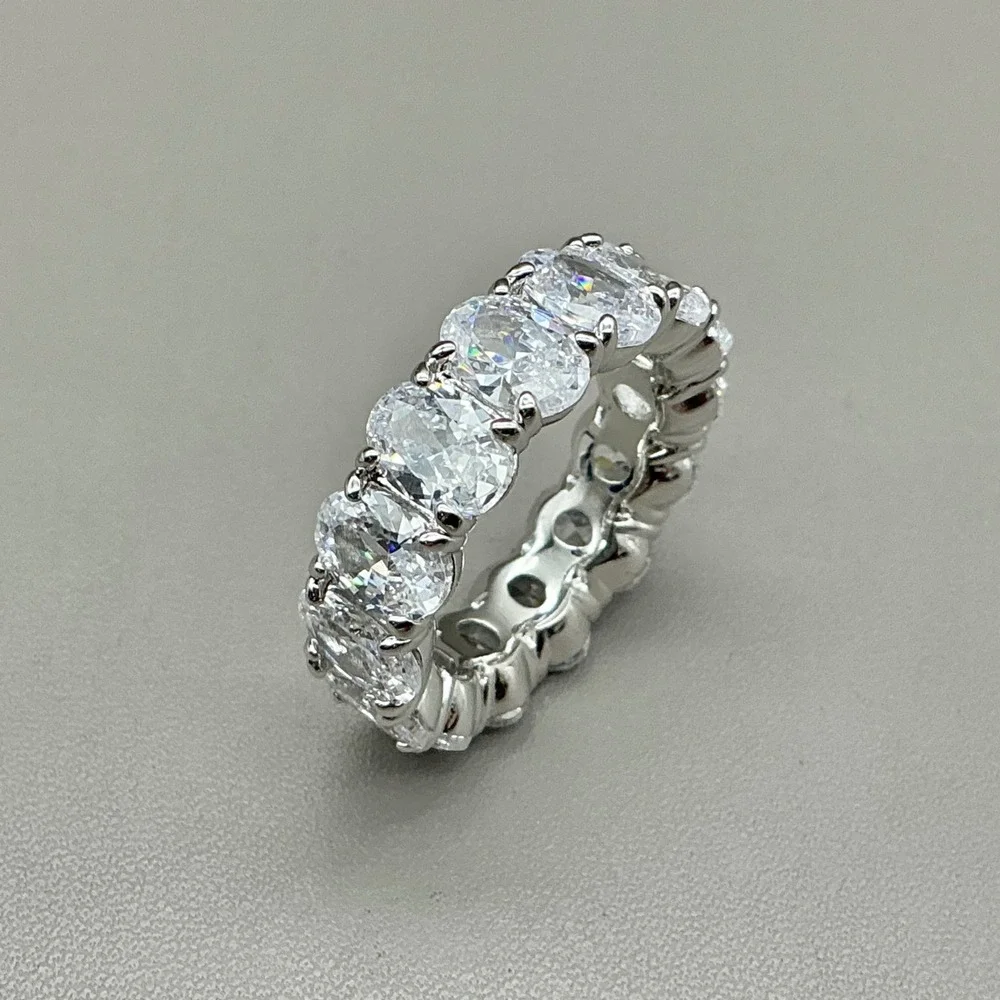 Eamtj Oval Eternity Band Ring Women Silver Tone Cubic Zirconia Statement Sz 7.5